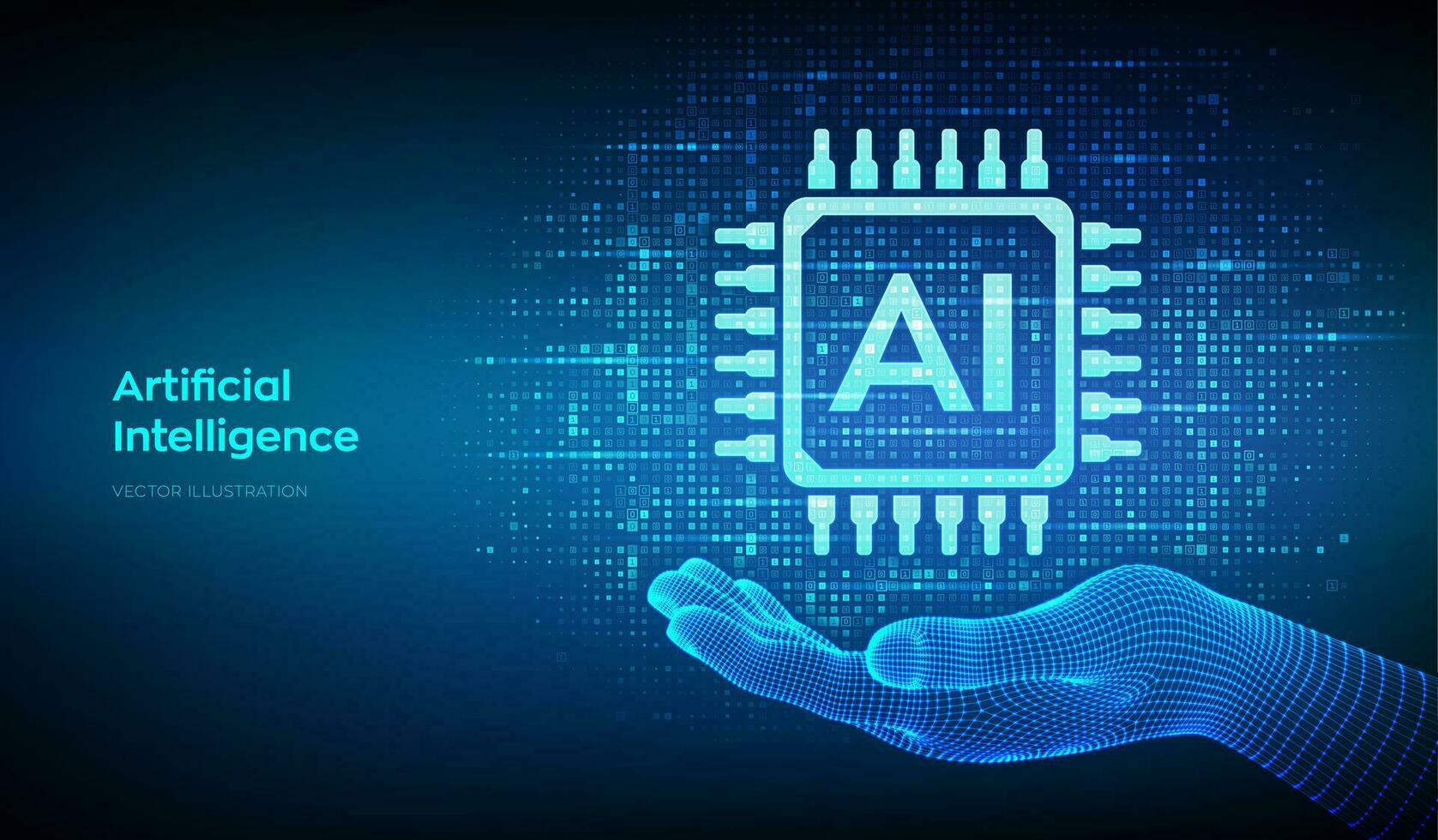 AI. Artificial intelligence. AI icon made with binary code in wireframe hand. Binary data and streaming digital code background. Matrix background with digits 1.0. Vector illustration.