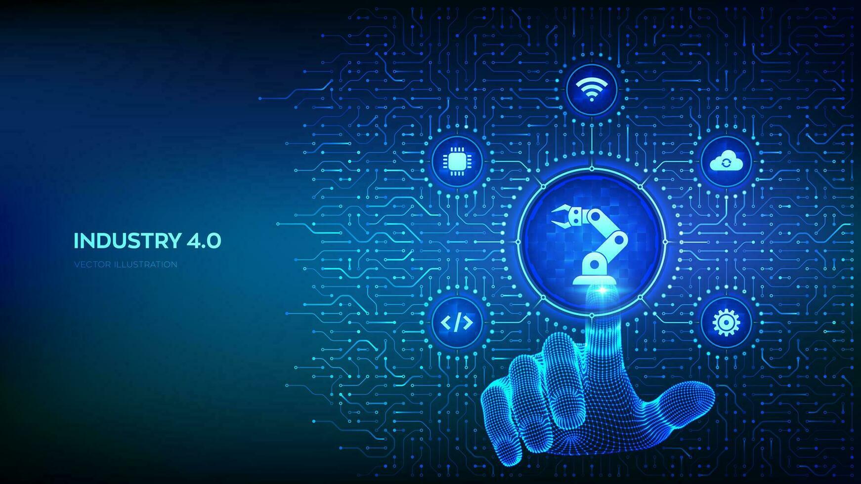 Smart Industry 4.0. Robotic arm. Factory automation. Autonomous industrial technology. Background with circuit board connections and Industry icons. Wireframe hand pressing button. Vector Illustration