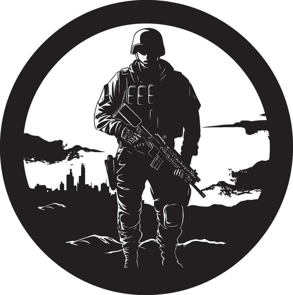 vigilante protector vector hombre del ejército negro icono combate Listo guardián armado soldado emblema en negro