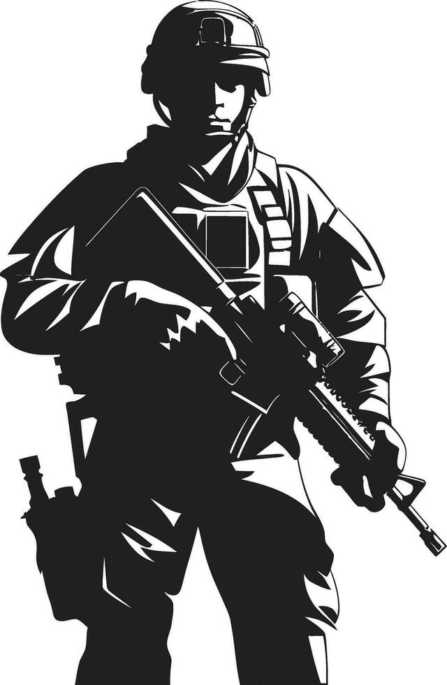 Tactical Defender Armyman Icon in Black Vector Strategic Guardian Armed Soldier Emblem Design