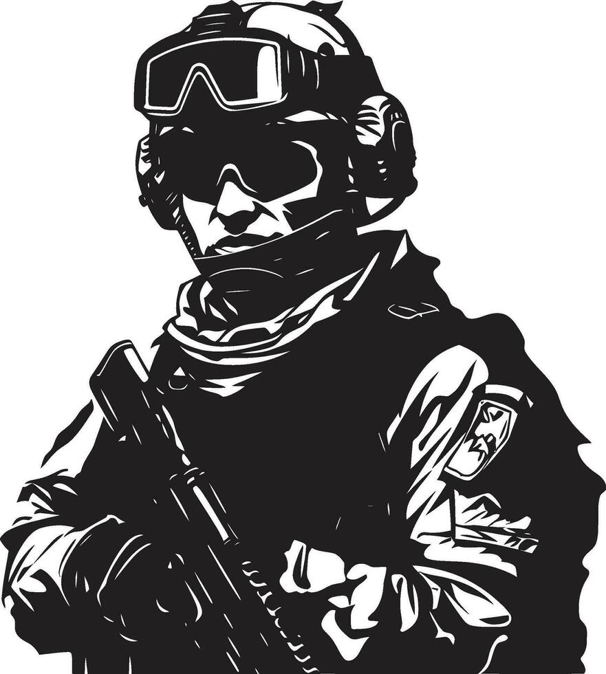 batalla Listo guerrero negro emblema estratégico defensor armado centinela logo vector