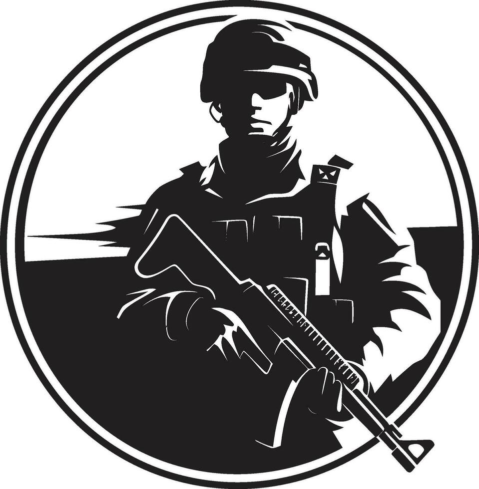 Defensive Valor Black Logo Icon of an Armyman Combat Readiness Vector Armed Forces Emblem