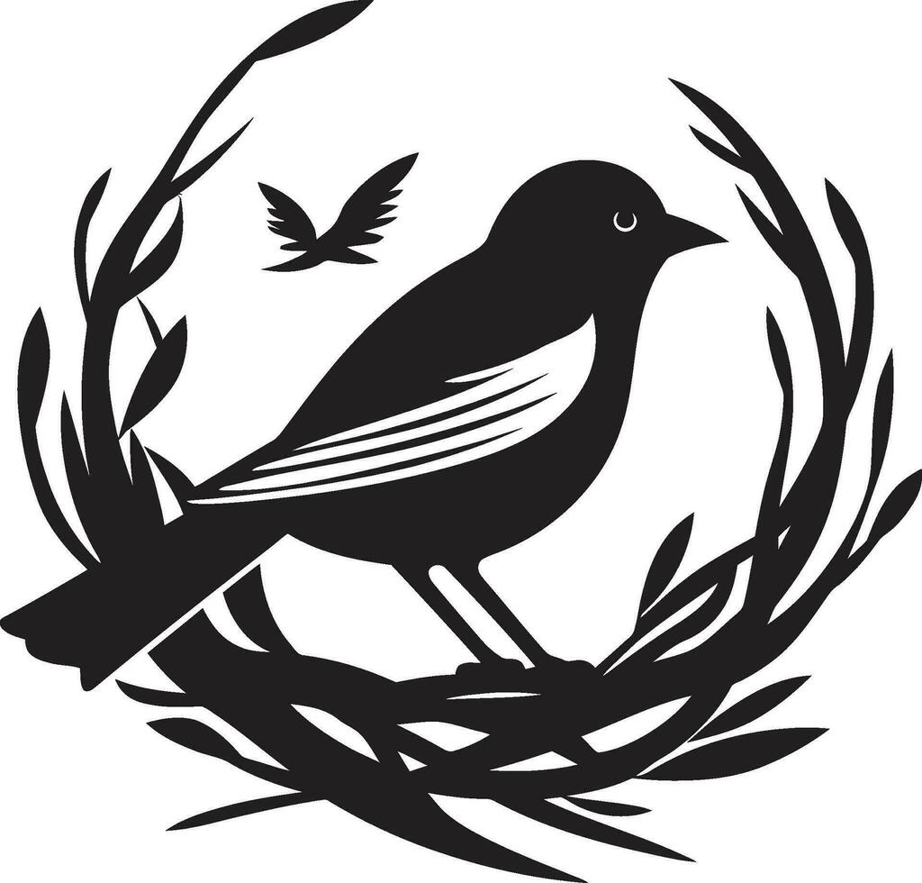 nido genio negro pájaro emblema hecho a mano perca vector nido logo