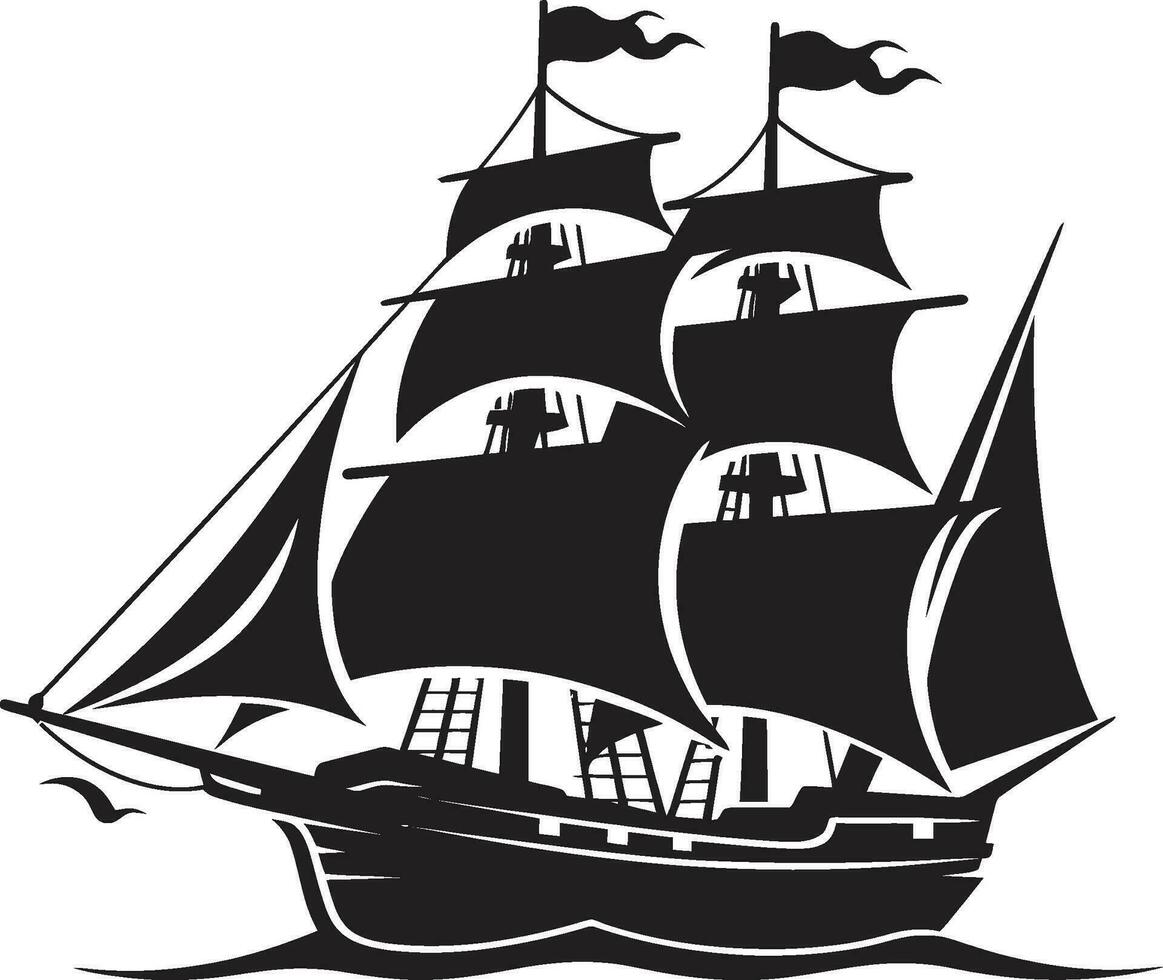 Antique Navigation Black Ship Emblem Historic Galleon Vector Ancient Ship