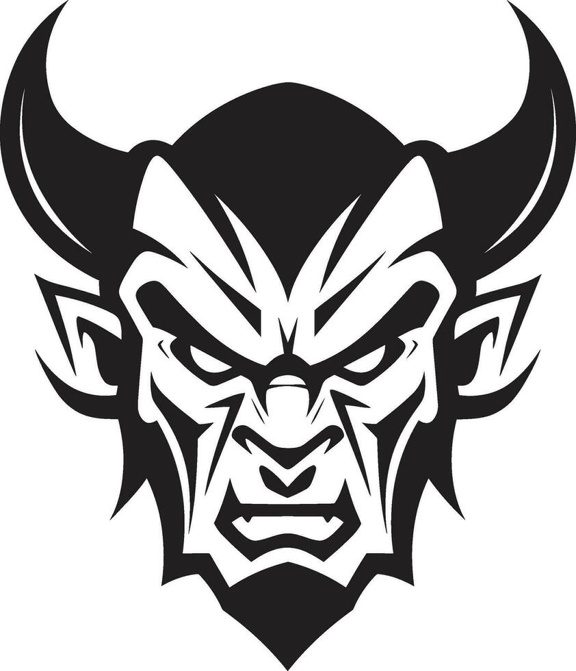 Satanic Stare Black Logo Icon of Aggressive Devil s Face Furious Inferno Vector Black Icon of Devil s Aggression