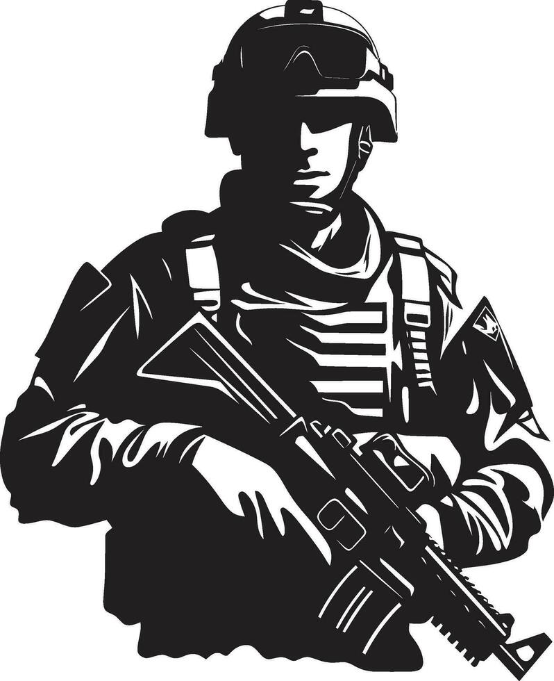 Militant Precision Armed Forces Black Logo Design Tactical Defender Armyman Icon in Black Vector