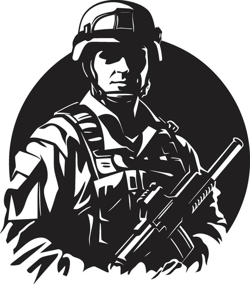 Vigilant Protector Vector Armyman Black Icon Combat Ready Guardian Armed Soldier Emblem in Black