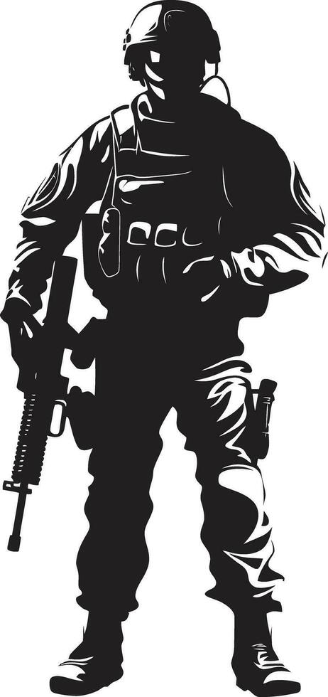 Heroic Resolve Black Armed Soldier Logo Design Vigilant Protector Vector Armyman Black Icon
