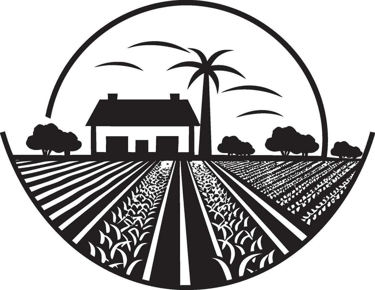 Fields of Tranquility Agricultural Farmhouse Emblem Rural Haven Black Vector Logo for Farm Life