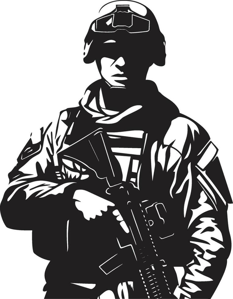 Vigilant Protector Vector Armyman Black Icon Combat Ready Guardian Armed Soldier Emblem in Black