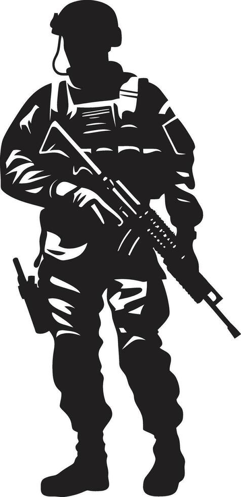 estratégico vigilancia vector negro hombre del ejército icono militante precisión armado efectivo emblema diseño