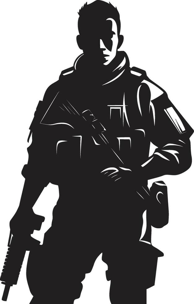 vigilante protector vector hombre del ejército negro icono combate Listo guardián armado soldado emblema en negro