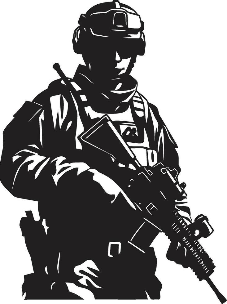 guerrero leal armado militar emblema guardián valor negro hombre del ejército icono diseño vector