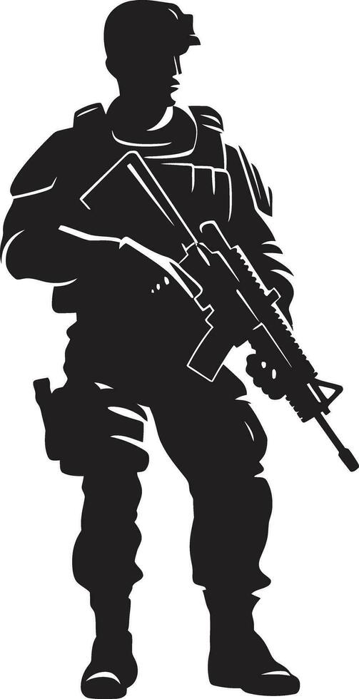 Strategic Guardian Armed Soldier Emblem Design Defensive Valor Black Logo Icon of an Armyman vector