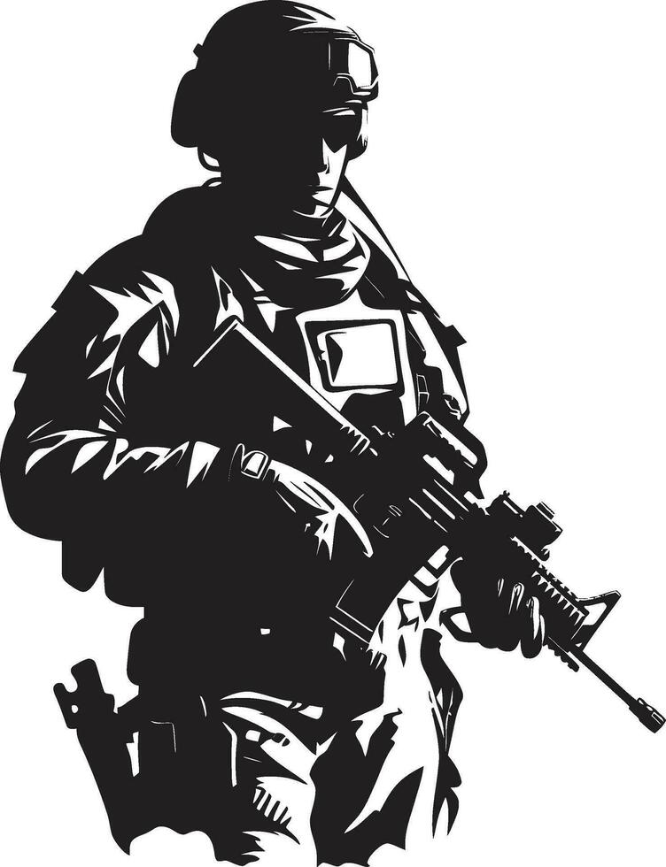 Vigilant Protector Vector Armyman Black Icon Combat Ready Guardian Armed Soldier Emblem in Black