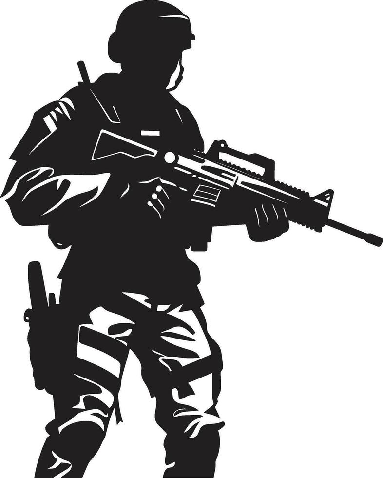 Vigilant Protector Vector Armyman Black Icon Combat Ready Guardian Armed Soldier Emblem in Black