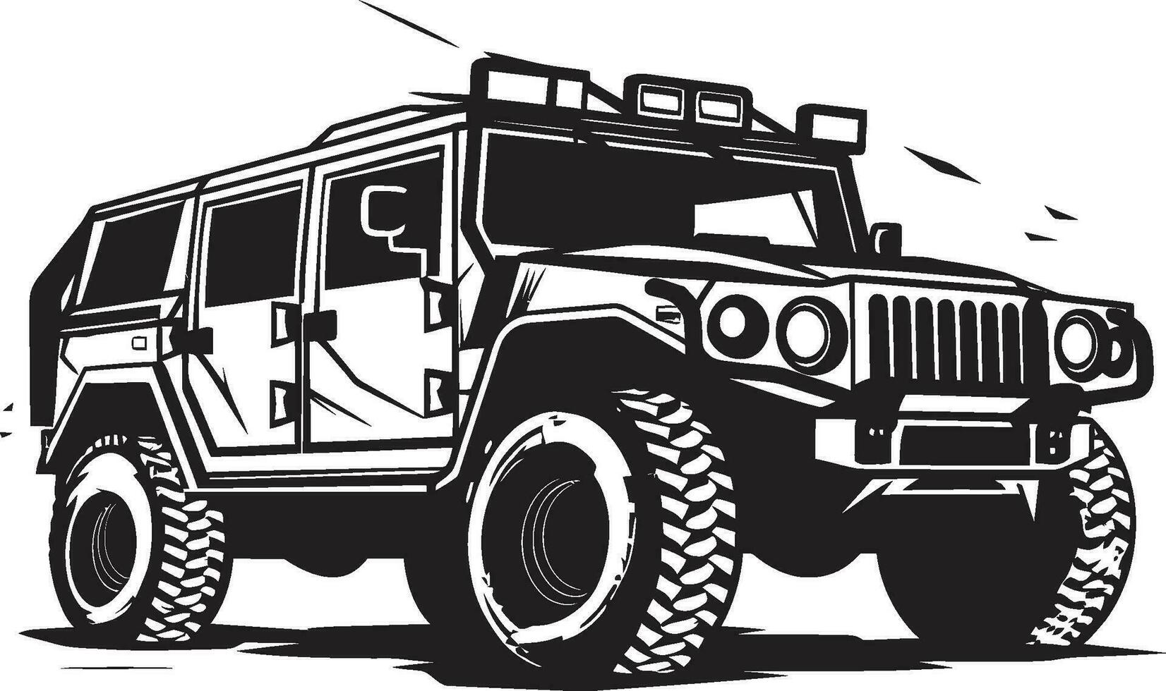 táctico transporte negro icónico 4x4 emblema militante pionero vector Ejército suv icono