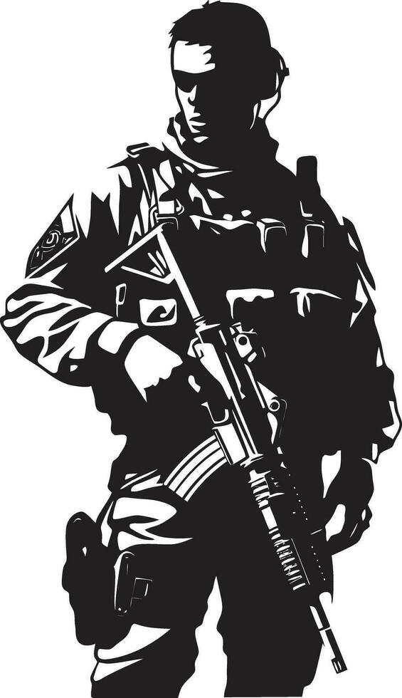 batalla Listo centinela negro logo de un armado guerrero estratégico vigilancia vector negro hombre del ejército icono