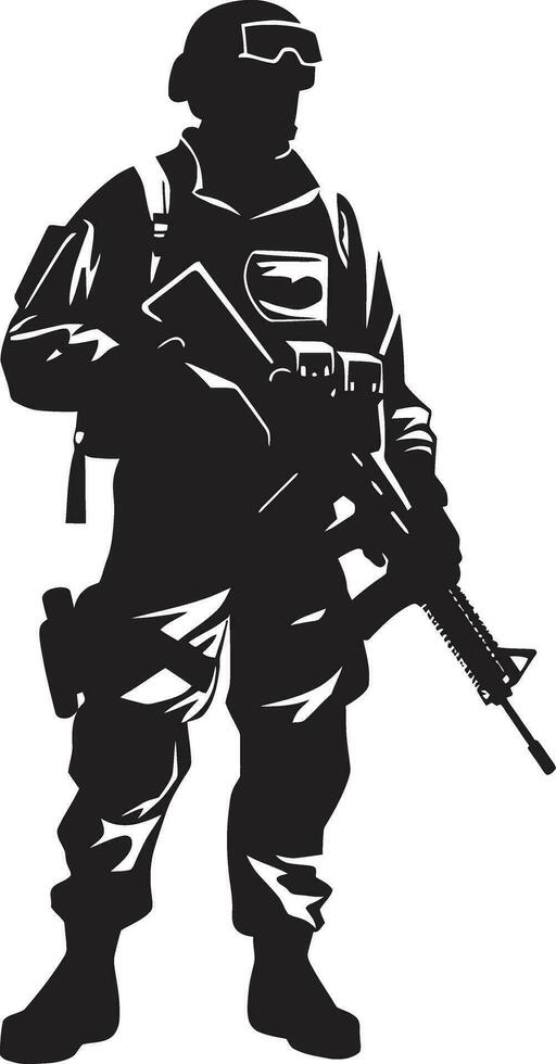 batalla Listo centinela armado hombre del ejército vector emblema combate vigilancia negro logo icono de un armado soldado