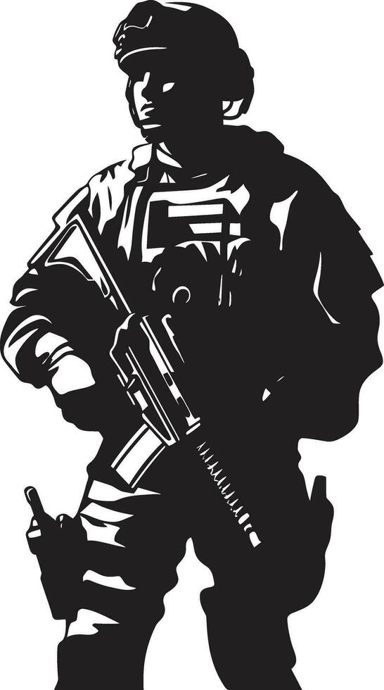 Combat Vigilance Black Logo Icon of an Armed Soldier Warrior Strength Vector Armyman Emblem in Black