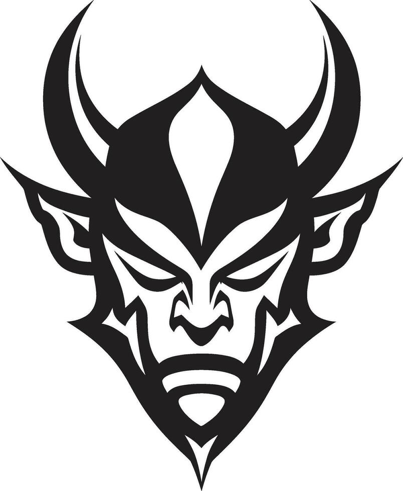 Fiery Malevolence Vector Devil s Face in Black Icon Satanic Stare Aggressive Devil s Face Vector Symbol