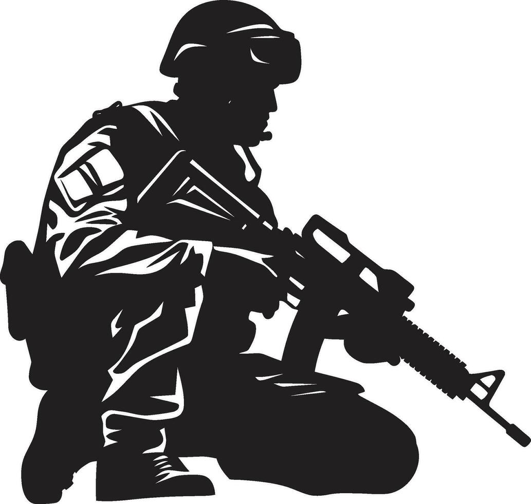 Tactical Defender Armyman Icon in Black Vector Strategic Guardian Armed Soldier Emblem Design
