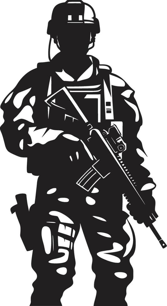 estratégico defensor negro vector hombre del ejército logo combate vanguardia armado efectivo emblema diseño