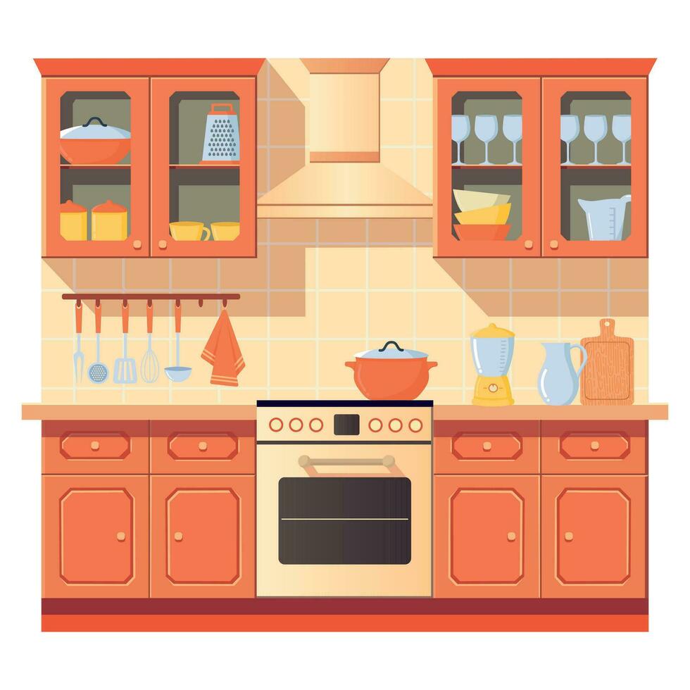 Cute kitchen interior in flat style. All Objects Are Repainted. vector