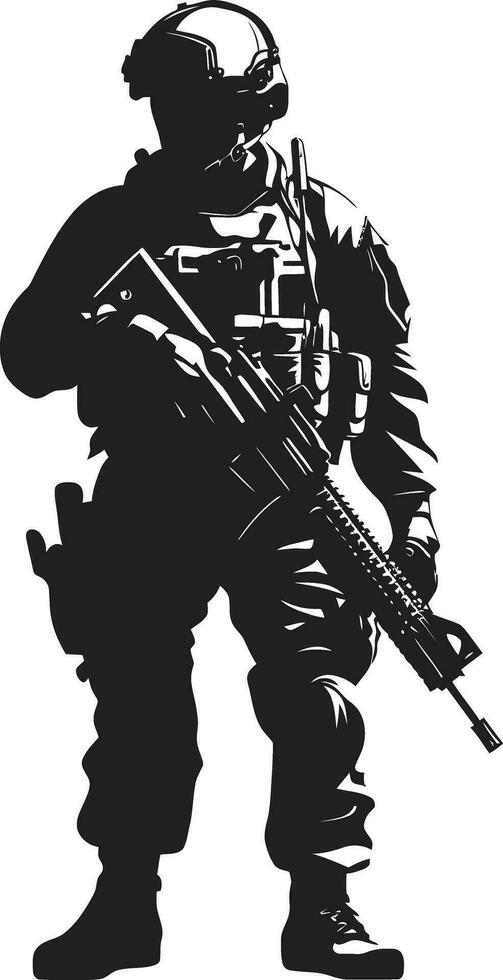 Battle Ready Vigilance Black Soldier Design Defensive Warrior Armed Man Emblem vector