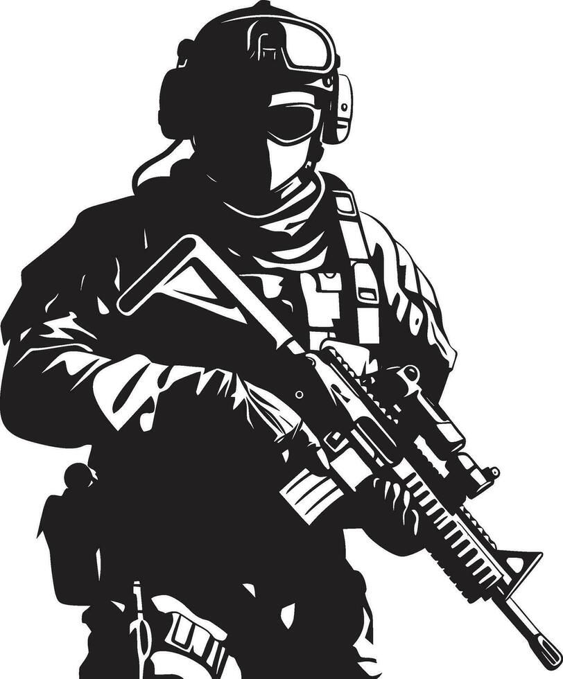 estratégico vigilancia vector negro hombre del ejército icono militante precisión armado efectivo emblema diseño