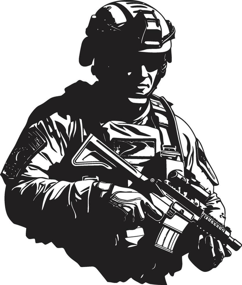 estratégico defensor negro vector hombre del ejército logo combate vanguardia armado efectivo emblema diseño