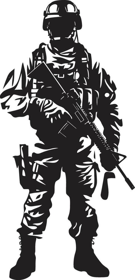 Combat Vigilance Black Logo Icon of an Armed Soldier Warrior Strength Vector Armyman Emblem in Black