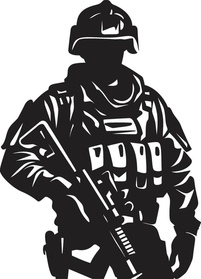 Militant Precision Armed Forces Black Logo Design Tactical Defender Armyman Icon in Black Vector