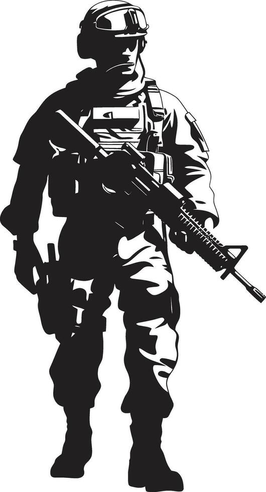 Combat Ready Guardian Armed Soldier Emblem in Black Tactical Defender Armyman Vector Logo Icon Design