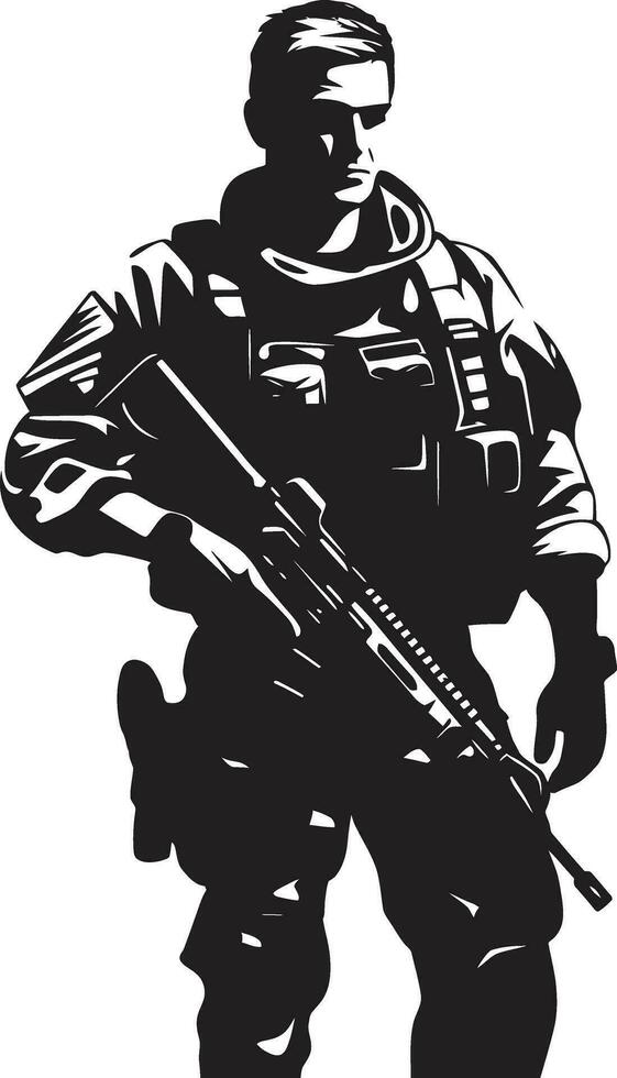 Defensive Valor Black Logo Icon of an Armyman Combat Readiness Vector Armed Forces Emblem