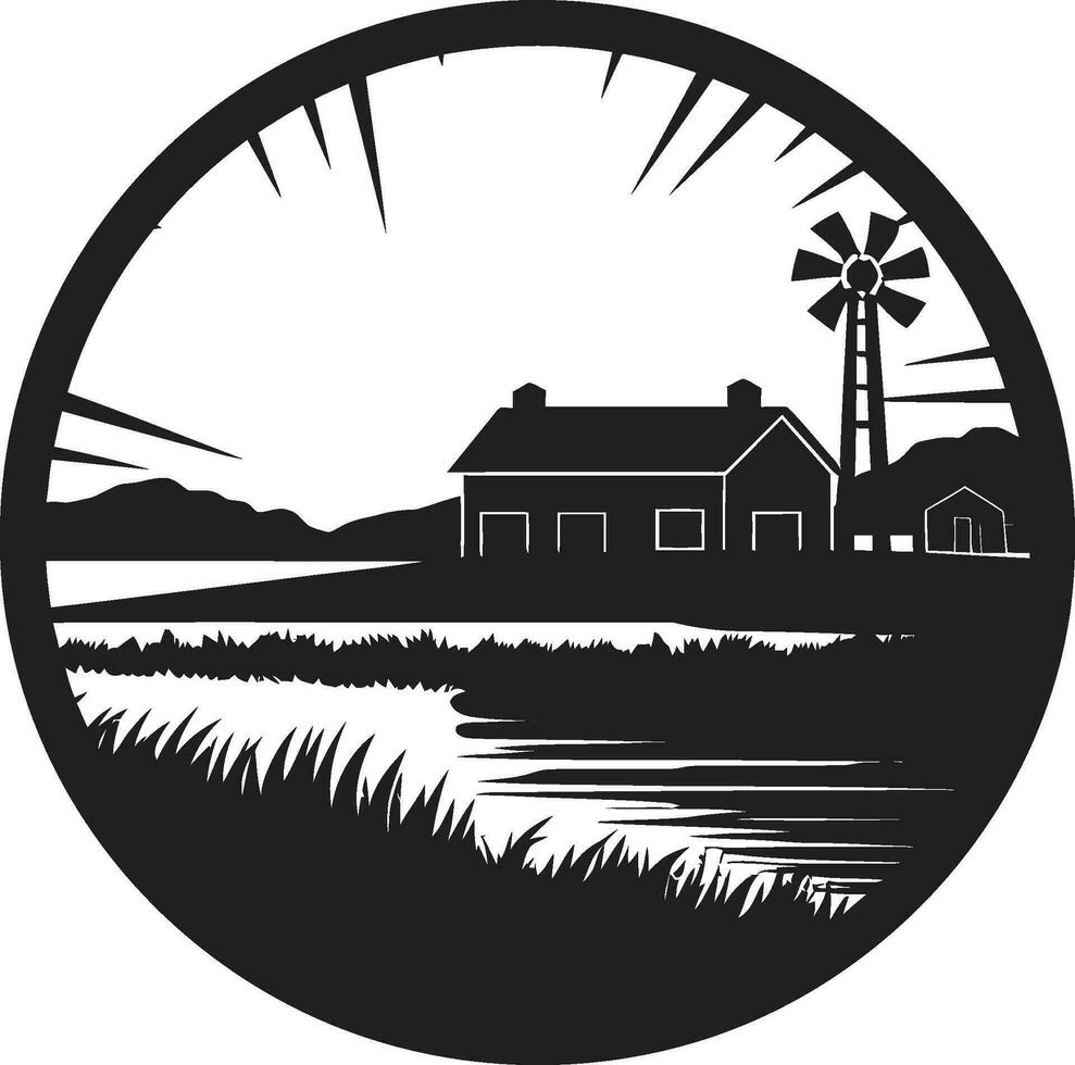Farmstead Radiance Agricultural Farmhouse Emblem Rural Serenity Black Vector Logo for Agriculture