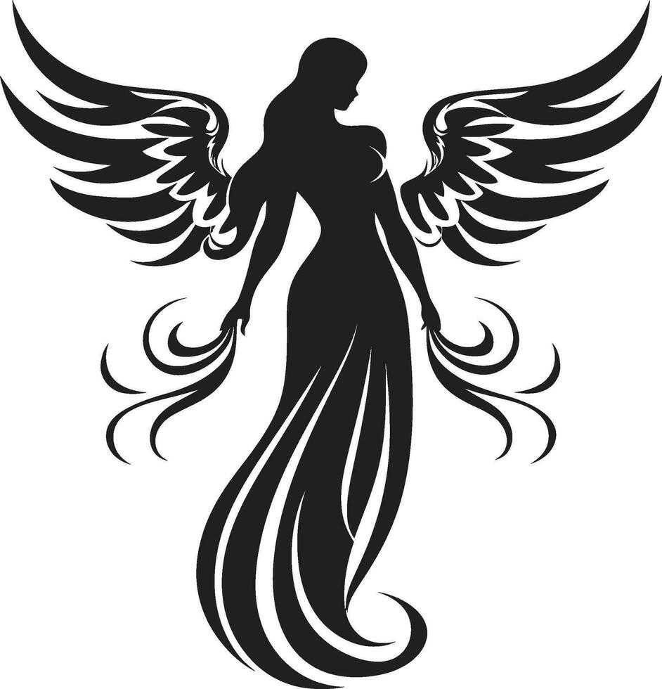 Celestial Serenity Black Angel Logo Divine Messenger Vector Winged Icon