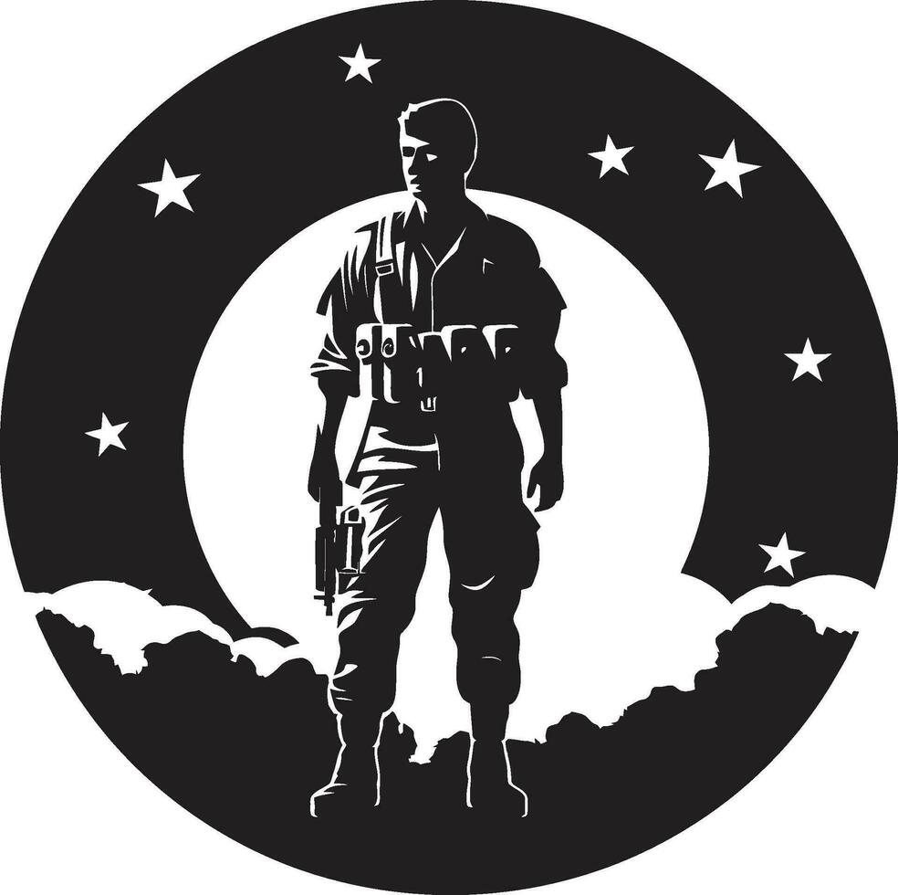 Defensive Valor Black Logo Icon of an Armyman Combat Readiness Vector Armed Forces Emblem