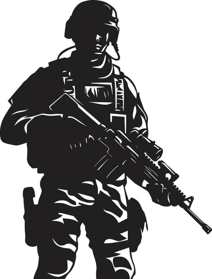 combate Listo guardián armado soldado emblema en negro táctico defensor hombre del ejército vector logo icono diseño