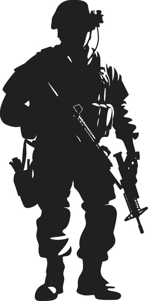 Militant Precision Armed Forces Black Logo Design Tactical Defender Armyman Icon in Black Vector