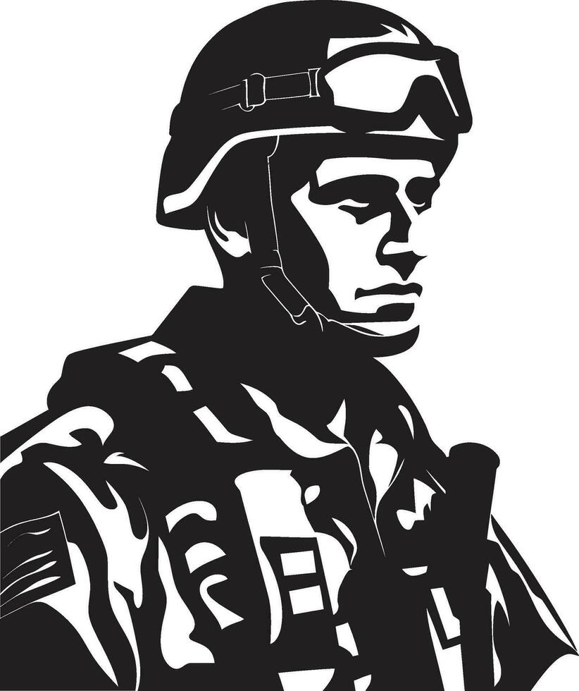 Militant Precision Armed Forces Black Logo Design Tactical Defender Armyman Icon in Black Vector