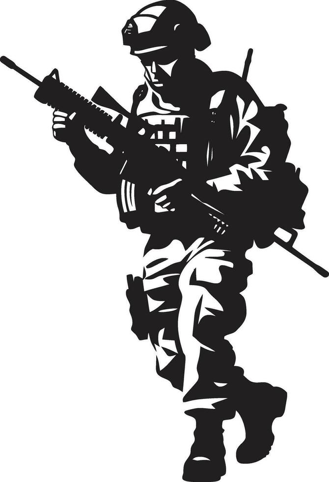 Tactical Defender Armyman Icon in Black Vector Strategic Guardian Armed Soldier Emblem Design