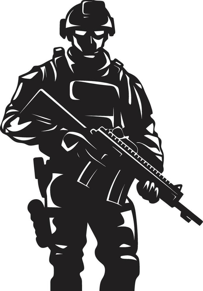 táctico defensor hombre del ejército icono en negro vector estratégico guardián armado soldado emblema diseño