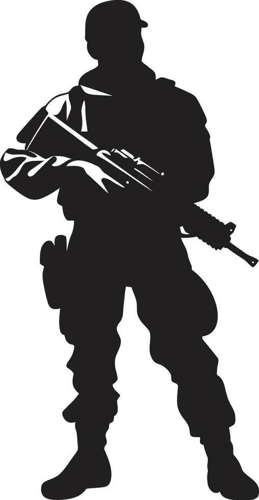 batalla Listo centinela negro logo de un armado guerrero estratégico vigilancia vector negro hombre del ejército icono