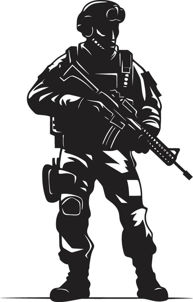 Combat Vigilance Black Logo Icon of an Armed Soldier Warrior Strength Vector Armyman Emblem in Black