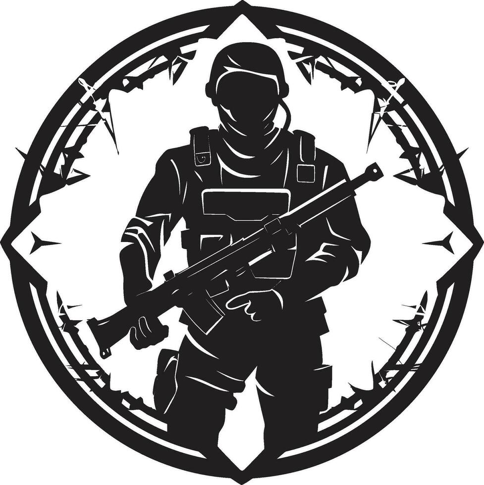 Strategic Vigilance Vector Black Armyman Icon Militant Precision Armed Forces Emblem Design