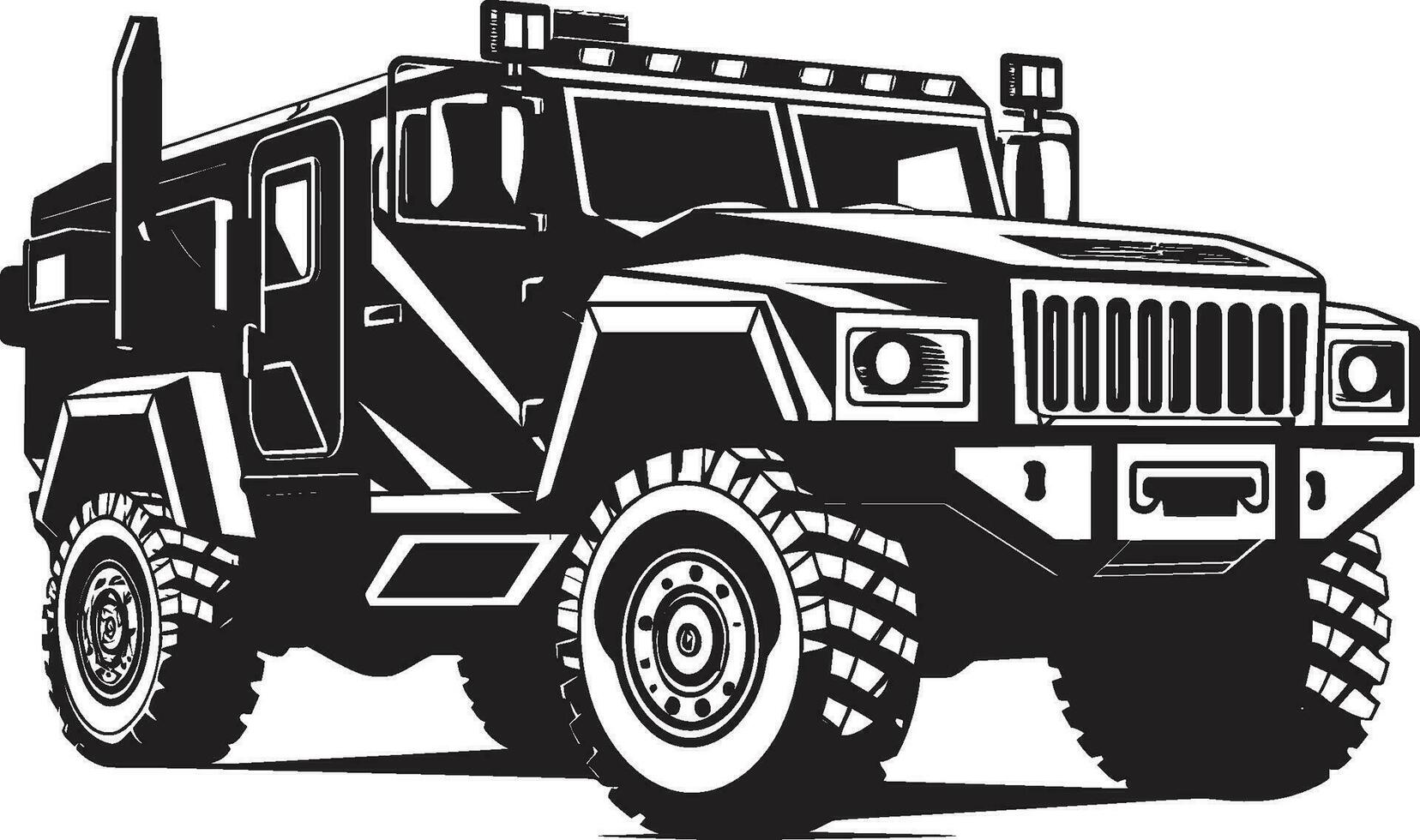 táctico transporte negro icónico 4x4 emblema militante pionero vector Ejército suv icono