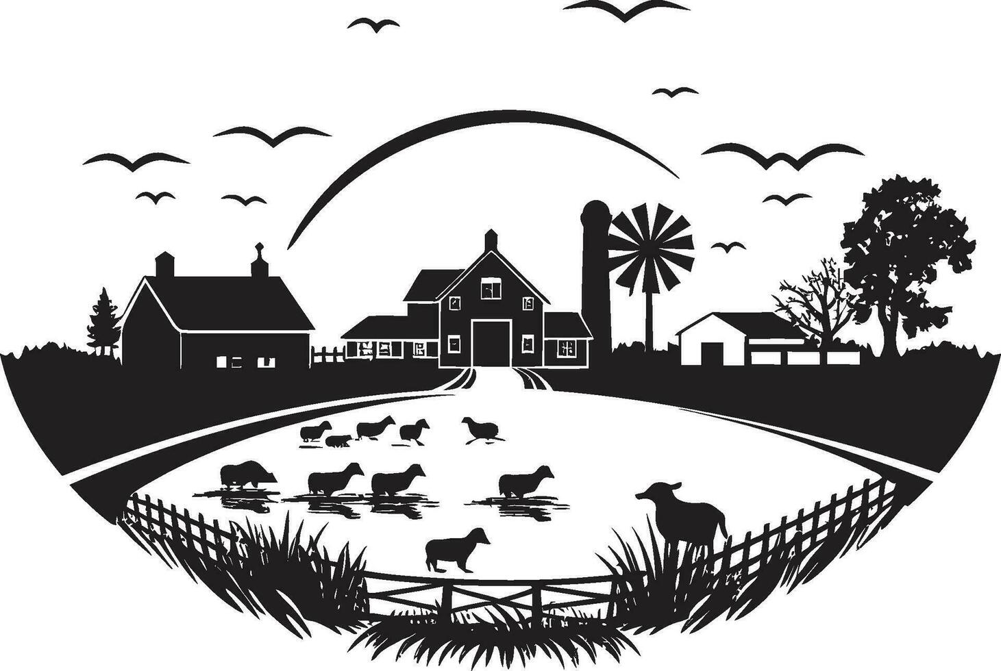 Harvest Horizon Black Vector Logo for Agriculture Farmstead Radiance Agricultural Farmhouse Emblem