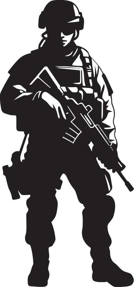 Defensive Valor Black Logo Icon of an Armyman Combat Readiness Vector Armed Forces Emblem