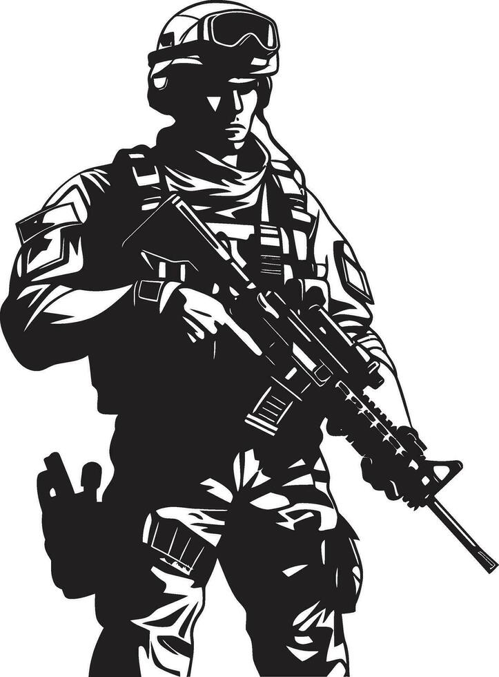 Heroic Resolve Black Armed Soldier Logo Design Vigilant Protector Vector Armyman Black Icon